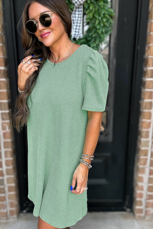 The Corded Knit Crew Neck Puff Sleeve Shift Mini Dress