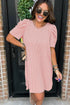 The Corded Knit Crew Neck Puff Sleeve Shift Mini Dress