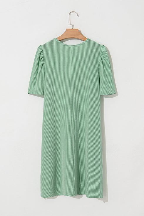 The Corded Knit Crew Neck Puff Sleeve Shift Mini Dress