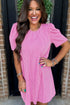 The Corded Knit Crew Neck Puff Sleeve Shift Mini Dress