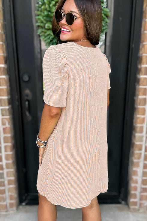 The Corded Knit Crew Neck Puff Sleeve Shift Mini Dress