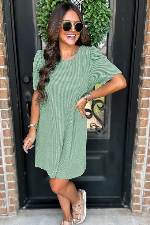 The Corded Knit Crew Neck Puff Sleeve Shift Mini Dress