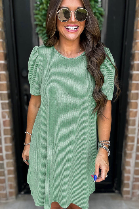 The Corded Knit Crew Neck Puff Sleeve Shift Mini Dress