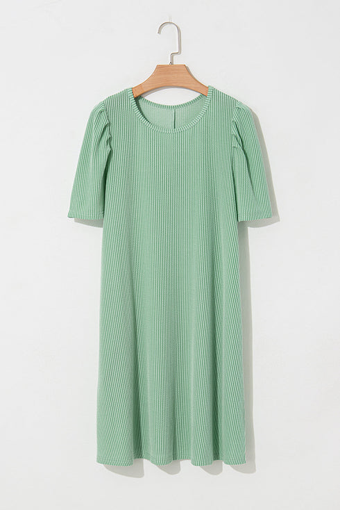 The Corded Knit Crew Neck Puff Sleeve Shift Mini Dress