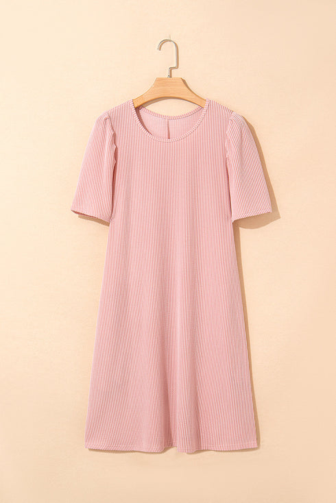 The Corded Knit Crew Neck Puff Sleeve Shift Mini Dress