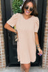 The Corded Knit Crew Neck Puff Sleeve Shift Mini Dress