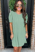 The Corded Knit Crew Neck Puff Sleeve Shift Mini Dress