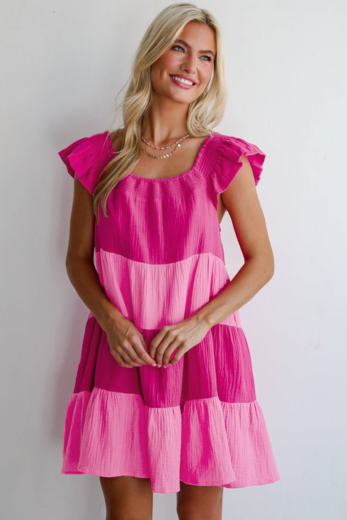 The Crinkled Colorblock Patchwork Flutter Tievibrant Mini Dress