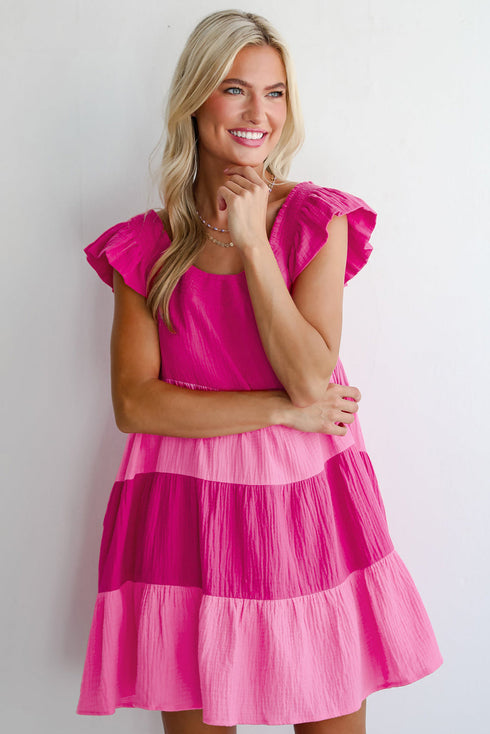 The Crinkled Colorblock Patchwork Flutter Tievibrant Mini Dress