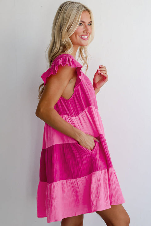 The Crinkled Colorblock Patchwork Flutter Tievibrant Mini Dress