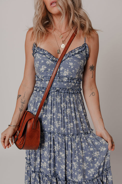 The Floral Spaghetti Strap Frilled V Neck Tie Midi Dress
