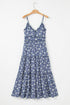 The Floral Spaghetti Strap Frilled V Neck Tie Midi Dress