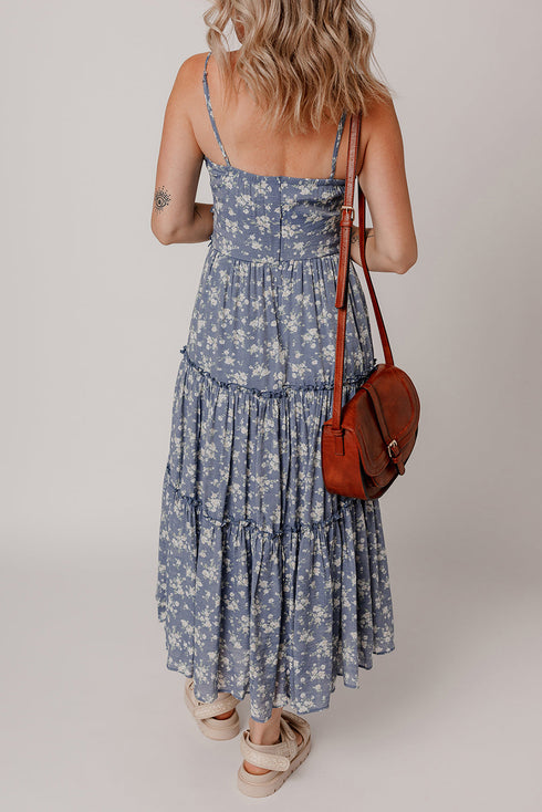 The Floral Spaghetti Strap Frilled V Neck Tie Midi Dress
