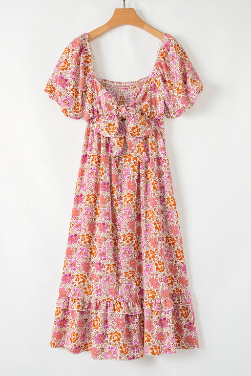The Floral Square Neck Knotted Ruffle Midi Dress