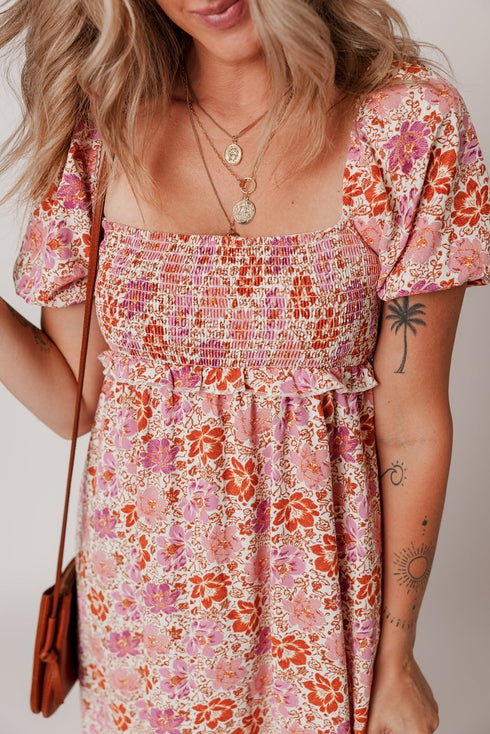The Floral Square Neck Knotted Ruffle Midi Dress