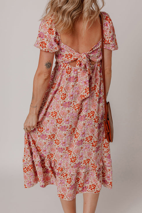 The Floral Square Neck Knotted Ruffle Midi Dress