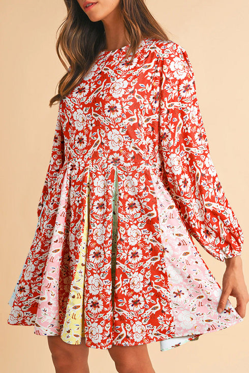 The Isabella Floral Patchwork Long Sleeve Pleated Mini Ensemble
