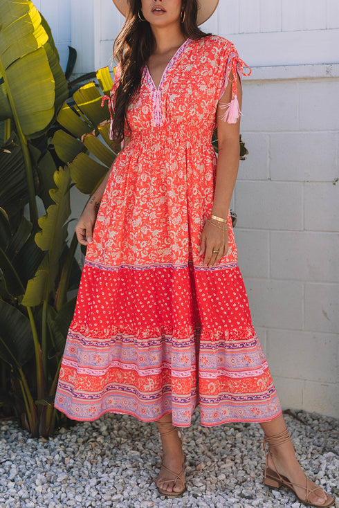 The Isabella Floral Print Tasseled Tied Sleeve Empire Waist Maxi Ensemble