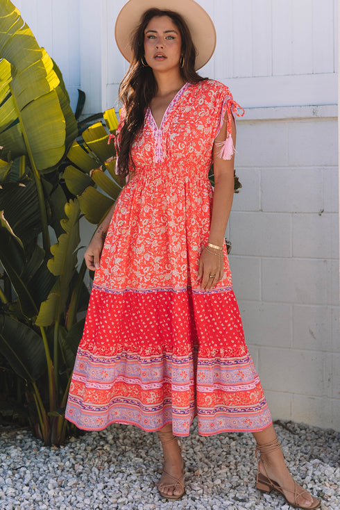 The Isabella Floral Print Tasseled Tied Sleeve Empire Waist Maxi Ensemble