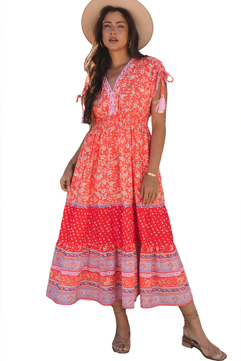 The Isabella Floral Print Tasseled Tied Sleeve Empire Waist Maxi Ensemble