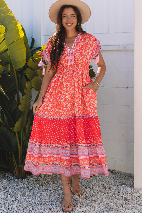 The Isabella Floral Print Tasseled Tied Sleeve Empire Waist Maxi Ensemble