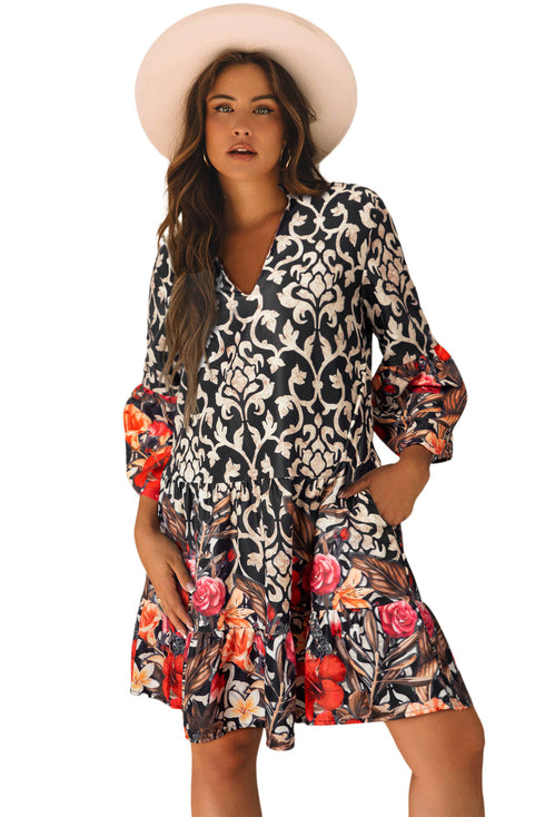The Isabella Retro Floral Mixed Print Split Neck A-line Ensemble