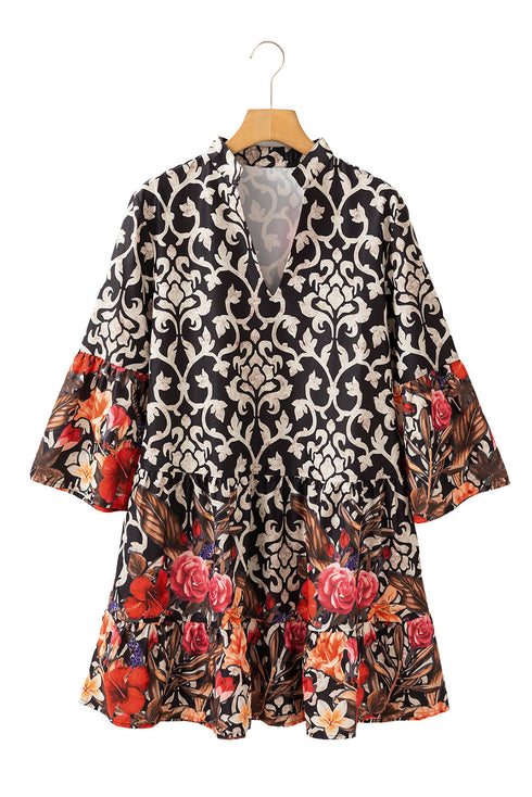 The Isabella Retro Floral Mixed Print Split Neck A-line Ensemble