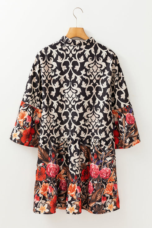 The Isabella Retro Floral Mixed Print Split Neck A-line Ensemble