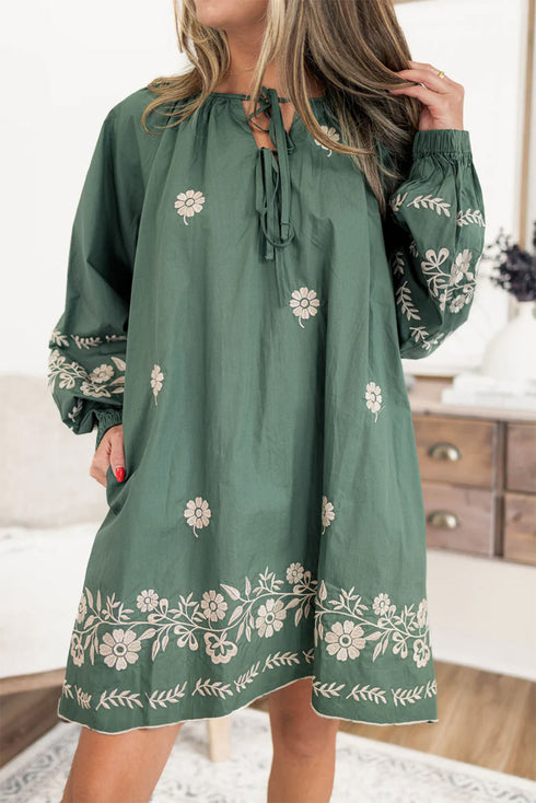 The Isabella Tie Neck Boho Floral Pattern Puff Sleeve Shift Ensemble