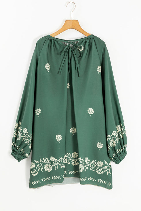 The Isabella Tie Neck Boho Floral Pattern Puff Sleeve Shift Ensemble