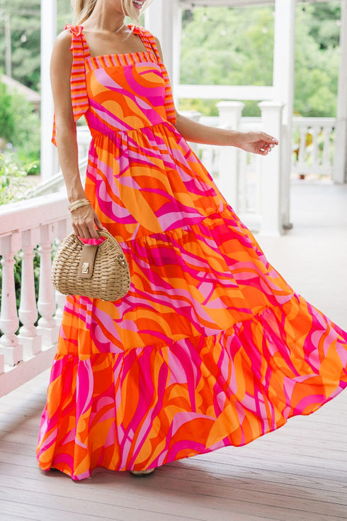 The Magnolia Stroll Knotted Shoulder Abstract Maxi Dress