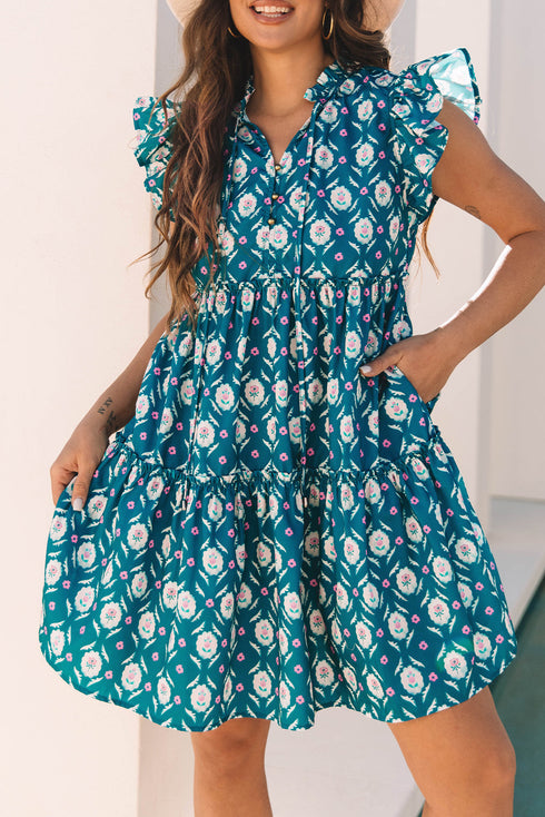 The Retro Floral Print Split Neck Ruffle Short Sleeve Dress