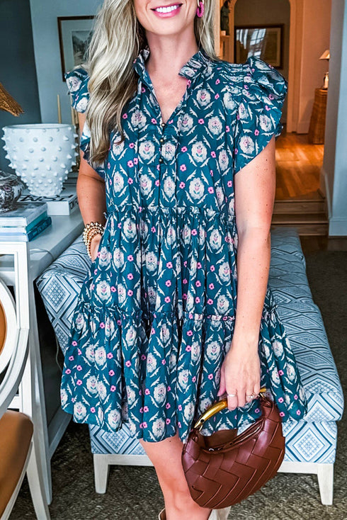 The Retro Floral Print Split Neck Ruffle Short Sleeve Dress