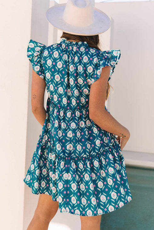 The Retro Floral Print Split Neck Ruffle Short Sleeve Dress