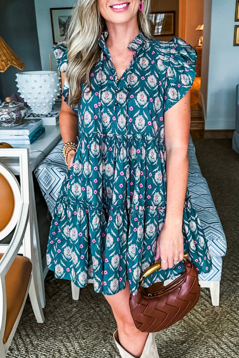 The Retro Floral Print Split Neck Ruffle Short Sleeve Dress
