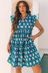The Retro Floral Print Split Neck Ruffle Short Sleeve Dress