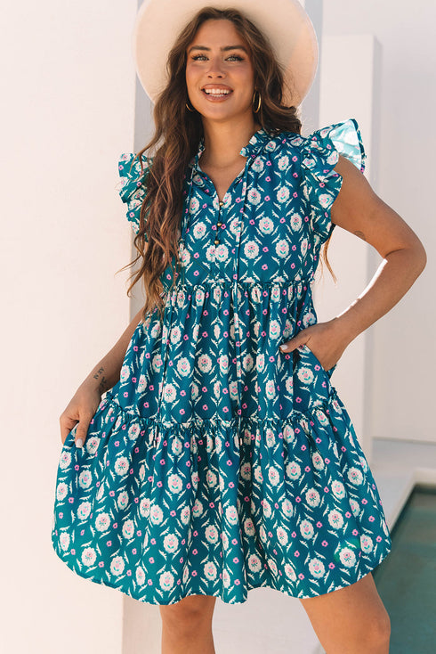 The Retro Floral Print Split Neck Ruffle Short Sleeve Dress