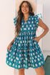 The Retro Floral Print Split Neck Ruffle Short Sleeve Dress