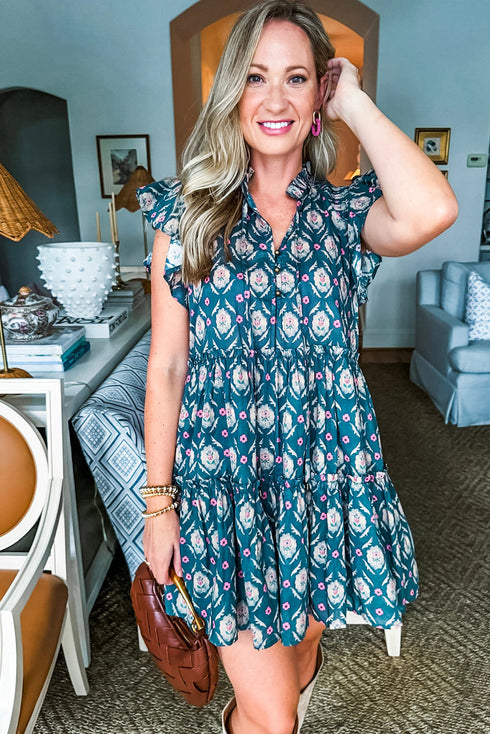 The Retro Floral Print Split Neck Ruffle Short Sleeve Dress