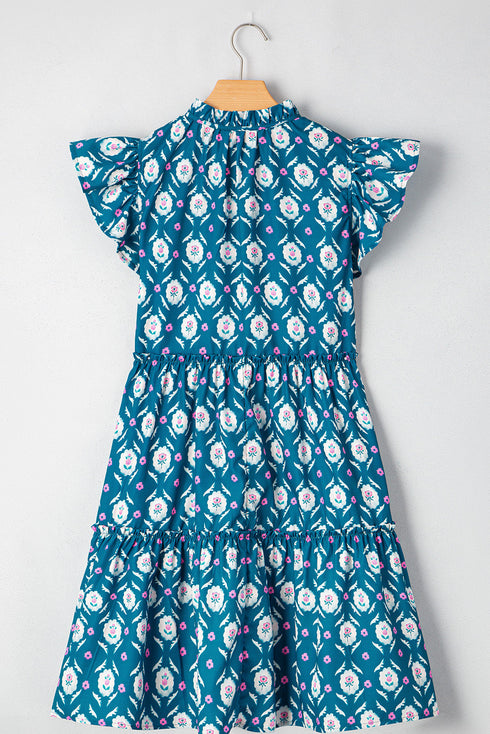 The Retro Floral Print Split Neck Ruffle Short Sleeve Dress