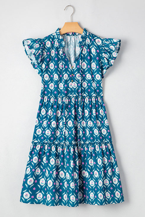 The Retro Floral Print Split Neck Ruffle Short Sleeve Dress