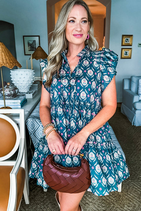 The Retro Floral Print Split Neck Ruffle Short Sleeve Dress
