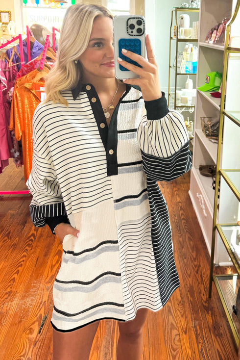 The Stripe Colorblock Knit Henley Collar Shift Long Sleeve Mini Dress