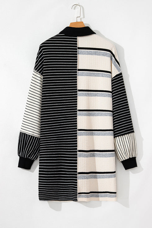 The Stripe Colorblock Knit Henley Collar Shift Long Sleeve Mini Dress