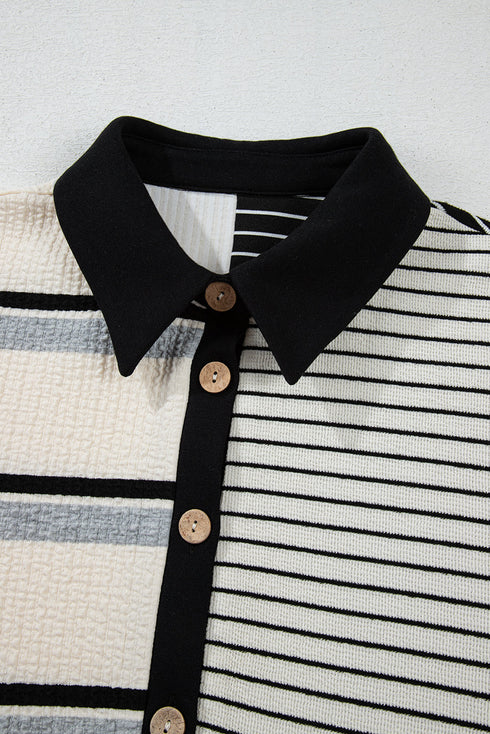 The Stripe Colorblock Knit Henley Collar Shift Long Sleeve Mini Dress