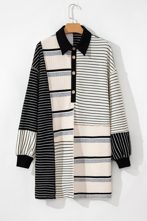 The Stripe Colorblock Knit Henley Collar Shift Long Sleeve Mini Dress
