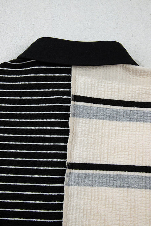 The Stripe Colorblock Knit Henley Collar Shift Long Sleeve Mini Dress