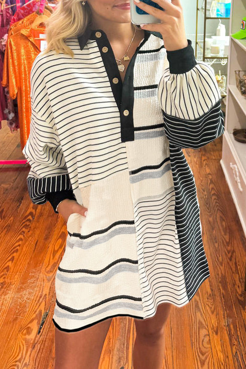 The Stripe Colorblock Knit Henley Collar Shift Long Sleeve Mini Dress