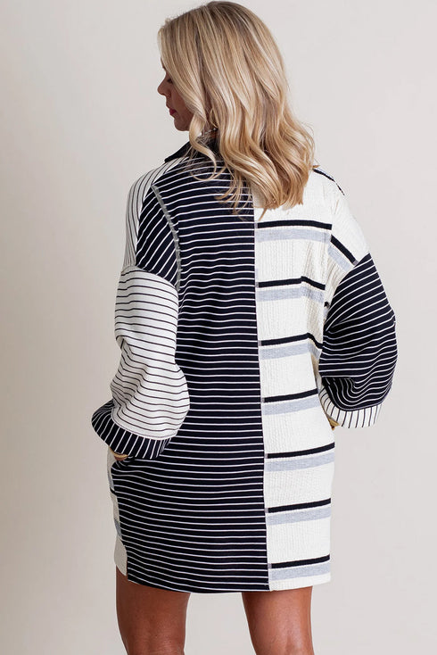 The Stripe Colorblock Knit Henley Collar Shift Long Sleeve Mini Dress