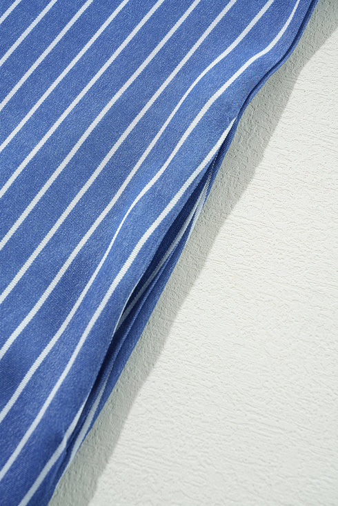 The Stripe Frilly Split Neck Shir Ruffle Sleeve Short Shift Dress